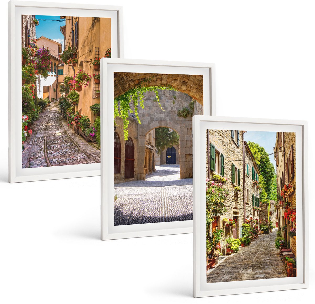 Wallfluent 3-Delige Schilderij Set - Italiaanse Straten Met Bloemen En Architectonische Landschappen - 40 x 60 - Wanddecoratie - Muurdecoratie - Moderne Interieurdecoratie