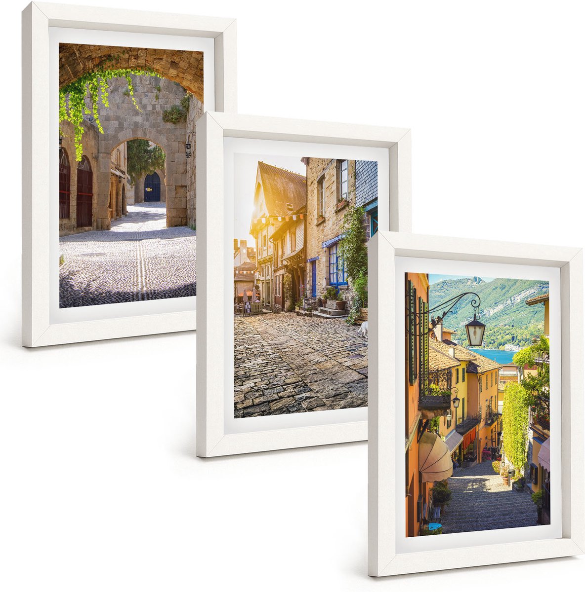 Wallfluent 3-Delige Schilderij Set - Sfeervolle Straatjes Met Stenen Gebouwen En Poorten. - 20 x 30 - Wanddecoratie - Schilderijen Set - Interieur - Moderne Wanddecoratie