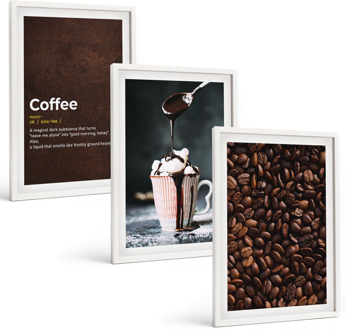 Wallfluent 3-Delige Schilderij Set - Definitie Van Een Drankje Met Slagroom En Koffiebonen - 40 x 60 - Wanddecoratie - Moderne Interieurdecoratie - Stijlvolle Muurdecoratie