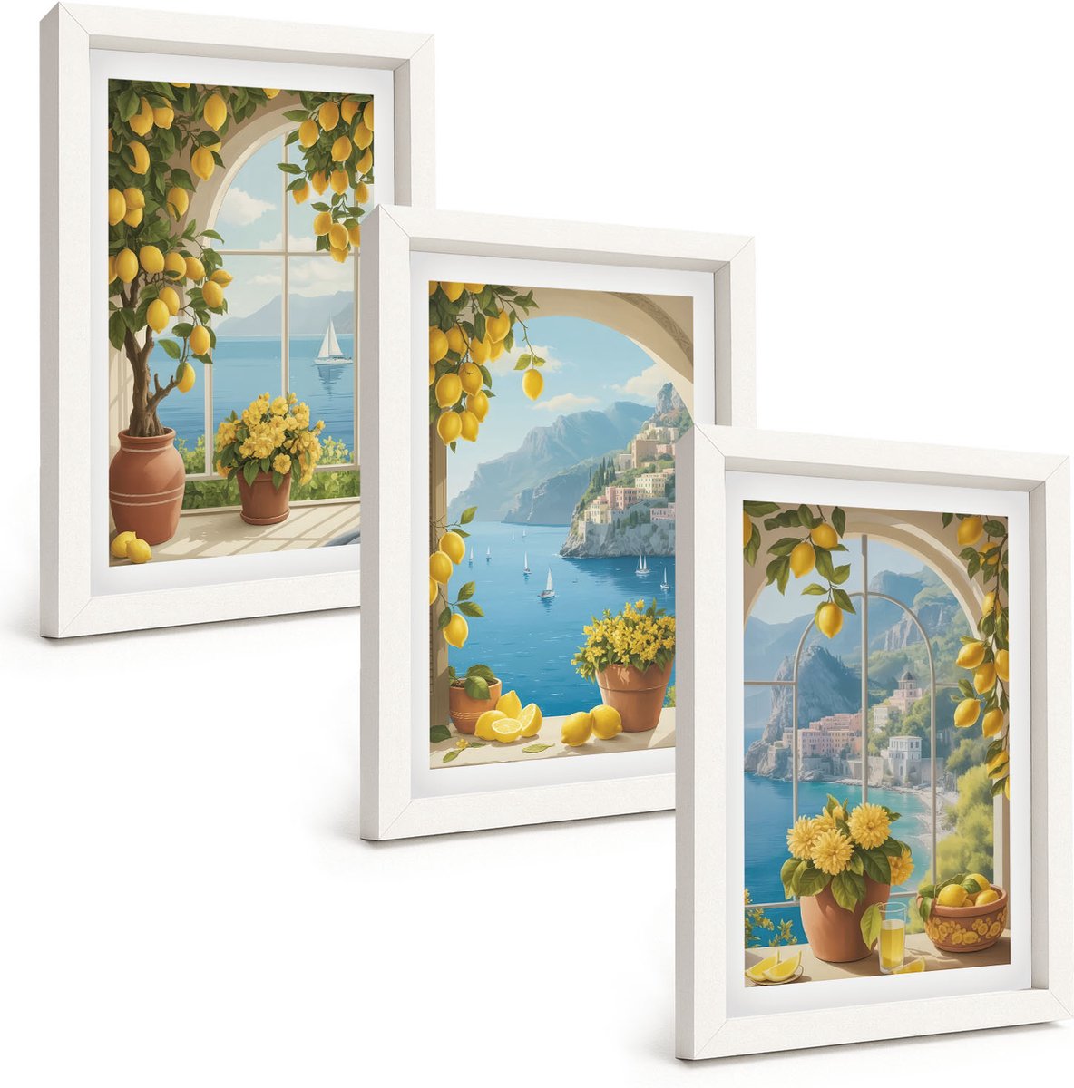 Wallfluent 3-Delige Schilderij Set - Zeegezichten Met Italiaanse Citroenen In De Ramen. - 20 x 30 - Stijlvolle Muurdecoratie - Slaapkamer - Moderne Wanddecoratie