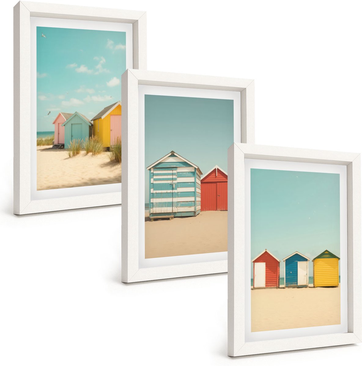 Wallfluent 3-Delige Schilderij Set - Kleurrijke Strandhuisjes Op Een Zonnige Dag - 20 x 30 - Stijlvolle Wanddecoratie - Interieur - Woonkamer Decoratie