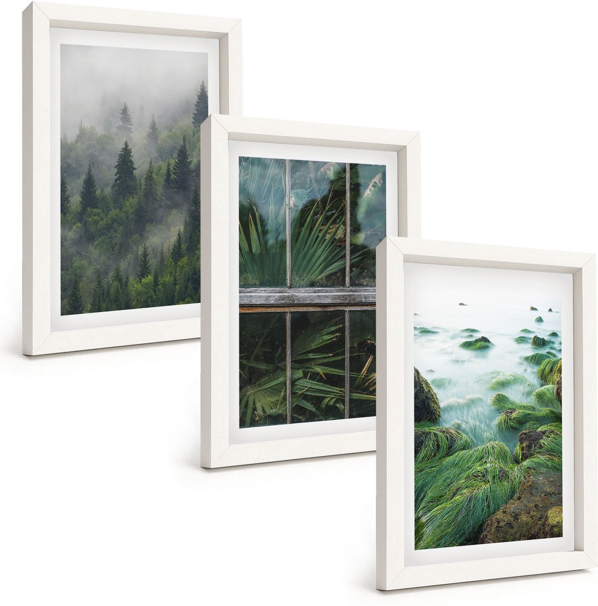 Wallfluent 3-Delige Schilderij Set - Bos In De Mist, Rivieroever En Kas Met Planten - 20 x 30 - Wanddecoratie - Muurdecoratie - Woonkamer - Moderne Wanddecoratie