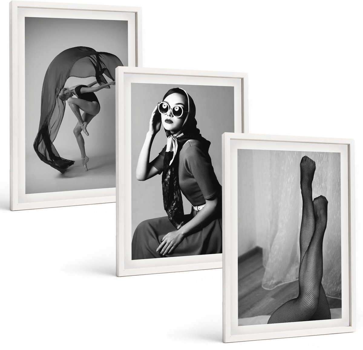 Wallfluent 3-Delige Schilderij Set - Stijlvolle Zwart-Witportretten Van Vrouwen In Elegante Poses - 40 x 60 - Muurdecoratie - Wanddecoratie - Slaapkamer