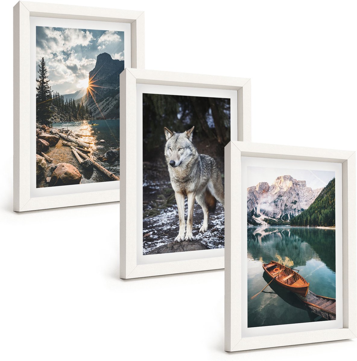Wallfluent 3-Delige Schilderij Set - Bergen, Meren En Wolven In Hun Natuurlijke Omgeving - 20 x 30 - Decoratieve Schilderijen - Woonkamer - Interieur