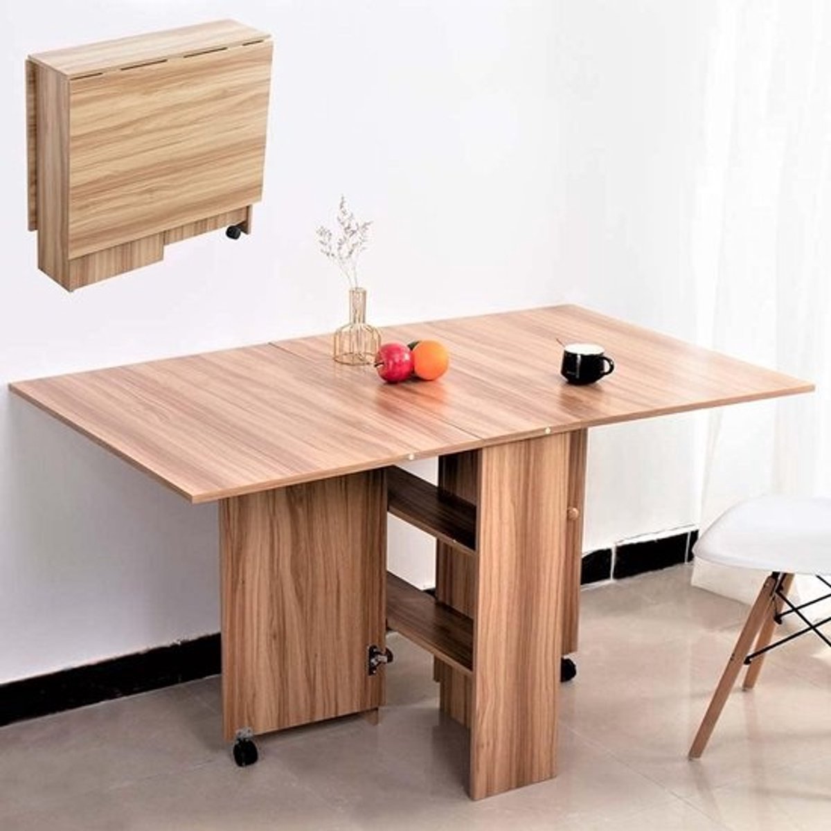 Inklapbare en Uittrekbare Eettafel met Boekenkast en Wieltjes