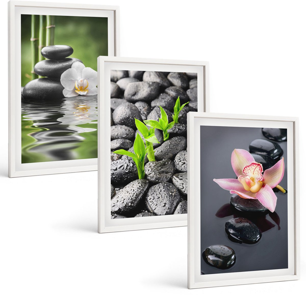 Wallfluent 3-Delige Schilderij Set - Een Serene Zen-Compositie Van Stenen Met Bloemen Op Water. - 40 x 60 - Wanddecoratie - Schilderijen Set - Kantoor
