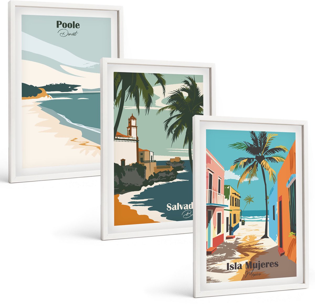 Wallfluent 3-Delige Schilderij Set - Tropische Landschappen Met Stranden En Palmbomen - 40 x 60 - Wanddecoratie - Schilderijen Set - Kantoor