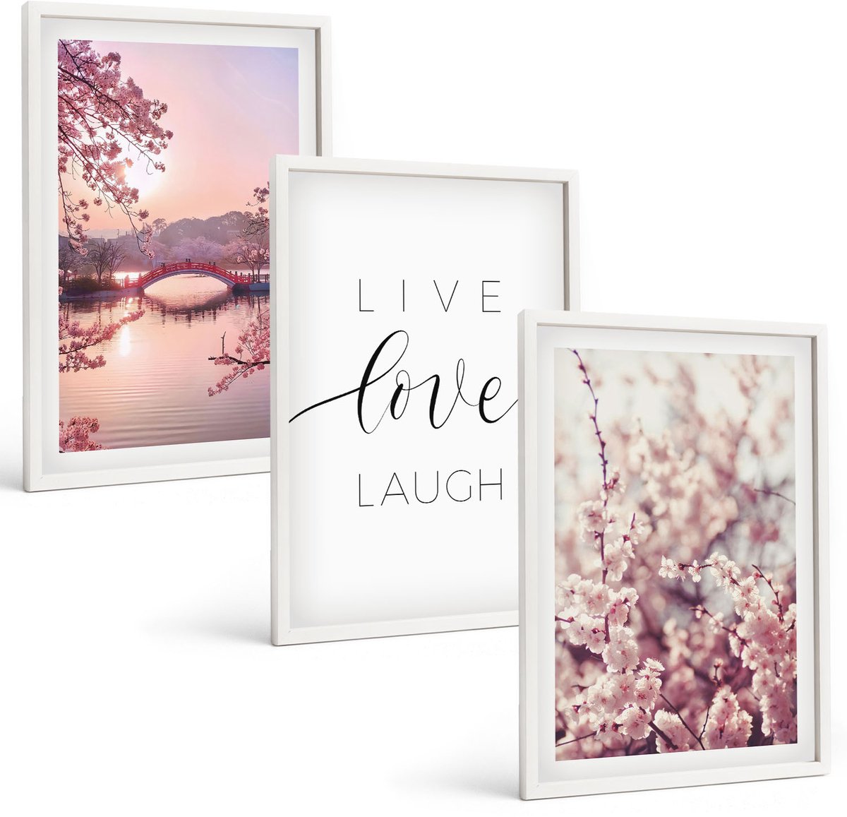 Wallfluent 3-Delige Schilderij Set - Bloemmotieven Met Een Brug En Een Inscriptie - 40 x 60 - Decoratieve Schilderijen - Wanddecoratie - Hal
