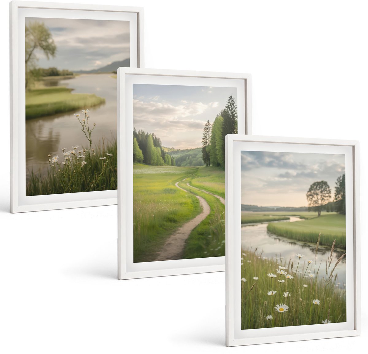 Wallfluent 3-Delige Schilderij Set - Vreedzame Zomerlandschappen Met Een Rivier En Een Bloemenweide - 40 x 60 - Wanddecoratie - Woonkamer Decoratie
