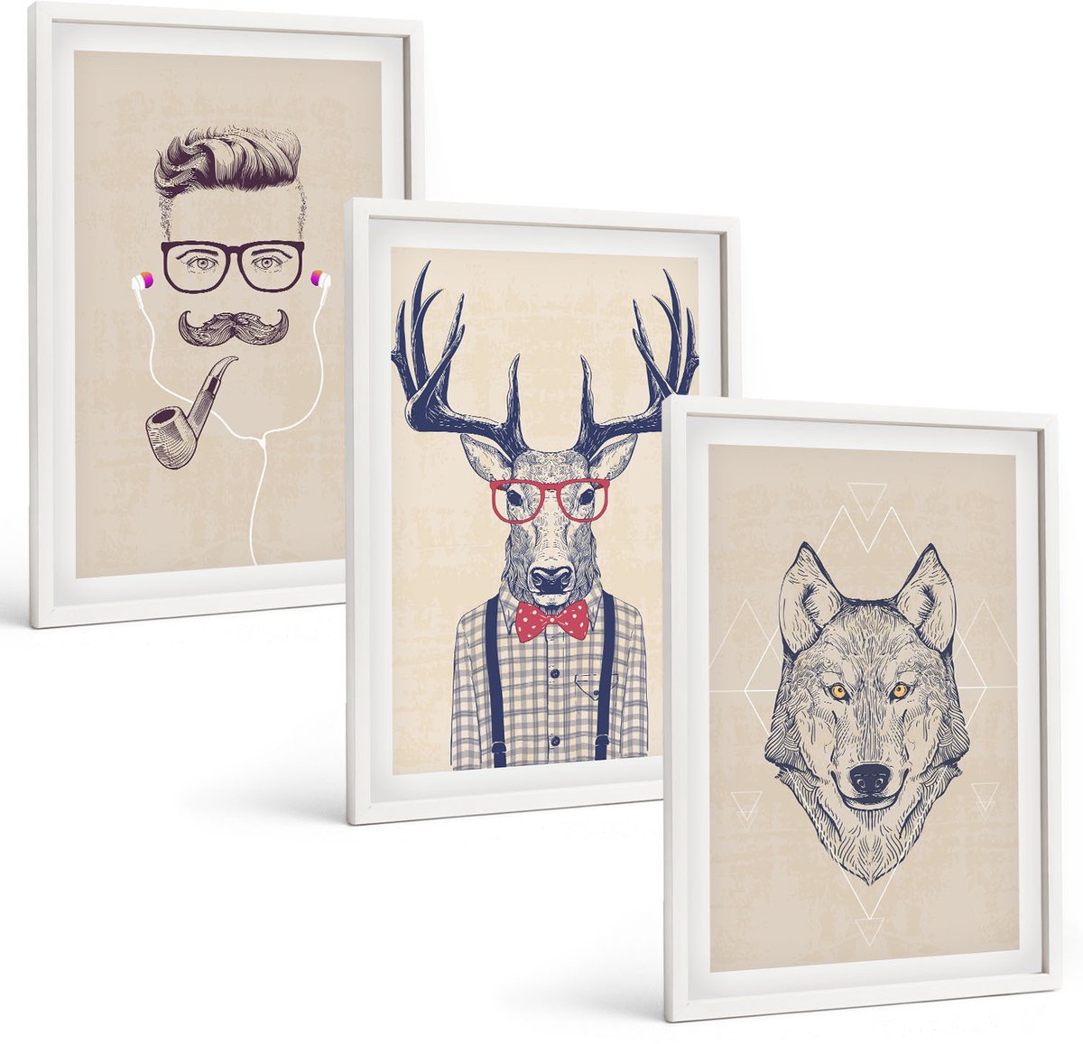 Wallfluent 3-Delige Schilderij Set - Stijlvolle Portretten Van Dieren En Mannen - 40 x 60 - Muurdecoratie - Wanddecoratie - Slaapkamer - Stijlvolle Muurdecoratie