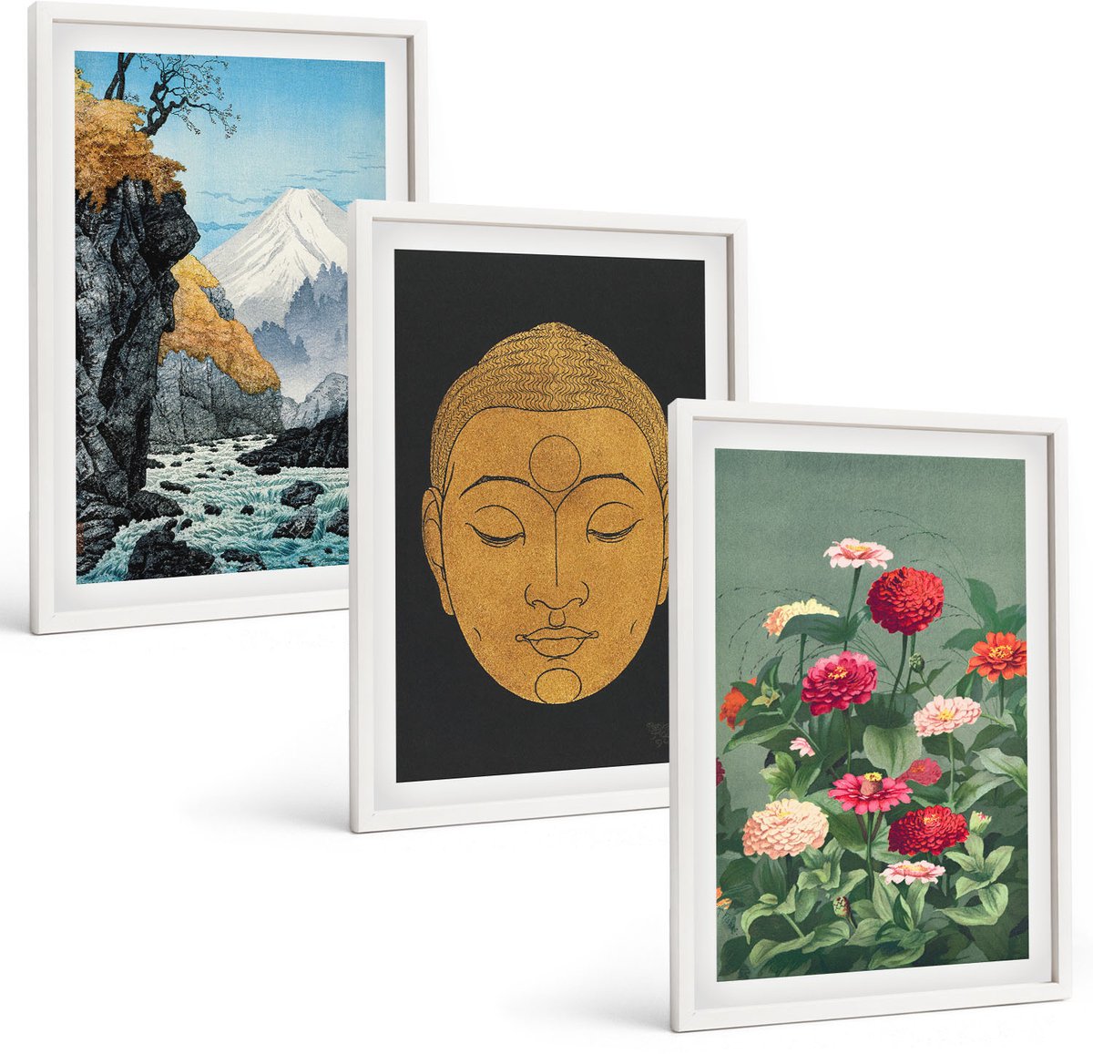 Wallfluent 3-Delige Schilderij Set - Japanse Natuur En Cultuur In Japandi-Stijl - 40 x 60 - Muurdecoratie - Schilderijen Set - Woonkamer - Wanddecoratie