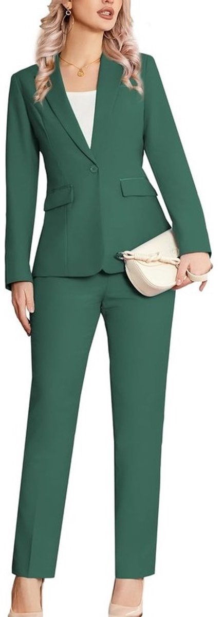 Dames 2-delig pak smalle pasvorm donkergroen blazer en broek