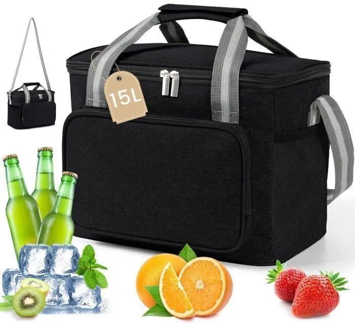 Geïsoleerde picknicktas Geschikt voor buiten - 15 liter - PEVA-materiaal - Opvouwbaar - 31 x 19 x 23 cm - Zwart en waterdicht
