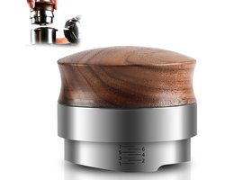 Koffiedispenser – Koffiestamper – Espresso – Roestvrijstalen dispenser – Nivelleertool – In hoogte verstelbaar – Zorgt voor gelijkmatige extractie – Driehoekige hendel met markeringen – 58 mm – Walnoothout