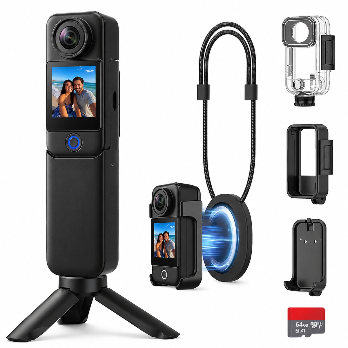 Action Camera 4K – 6-Assige Stabilisatie, Dubbel Scherm, 30 m Waterdicht en Tot 7 Uur Batterijduur