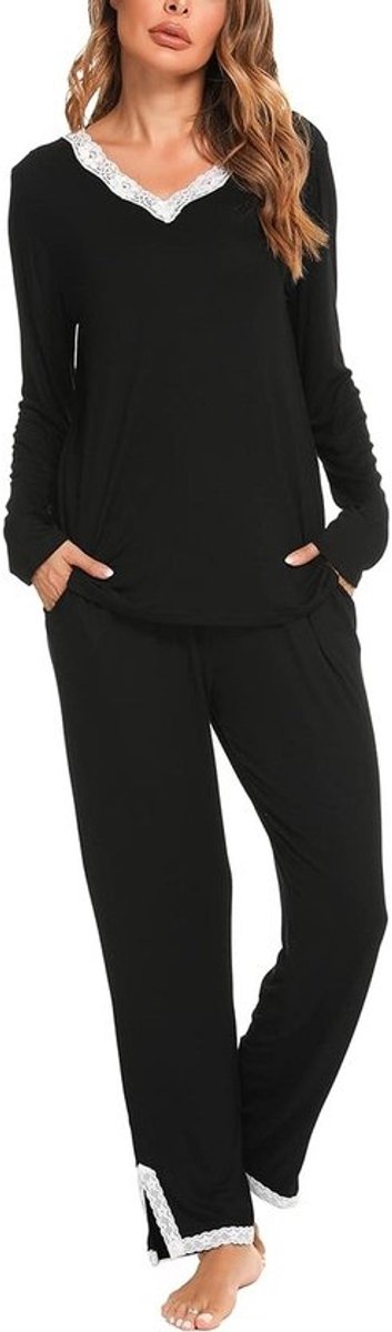 Vrouwelijke Pyjama Set V-Hals Zacht Lange Mouwen met Lange Broek en Zak