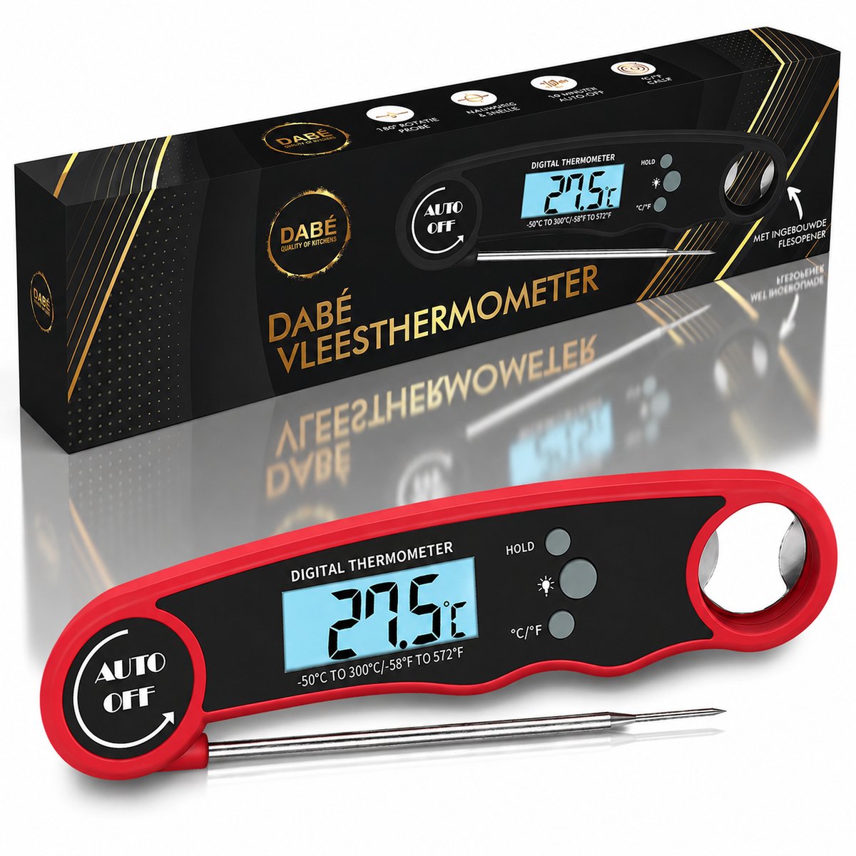 Dabé Draadloze Vleesthermometer - Keukenthermometer - bbq thermometer - Rood