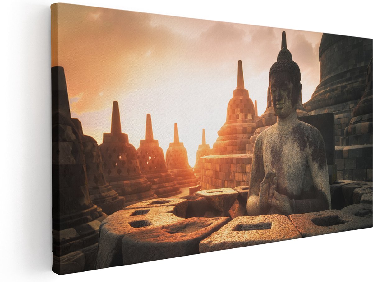 Artaza Canvas Schilderij Boeddha Beeld In Een Tempel - 140x70 cm - Groot - Wanddecoratie Woonkamer - Schilderijen - Muurdecoratie