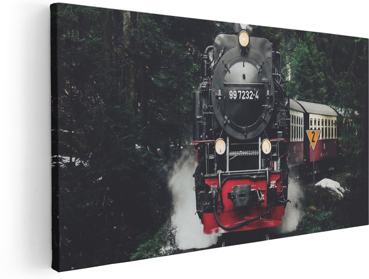 Artaza Canvas Schilderij Locomotief in de Bossen met Stoom Wolken - 140x70 cm - Groot - Wanddecoratie Woonkamer - Schilderijen - Muurdecoratie