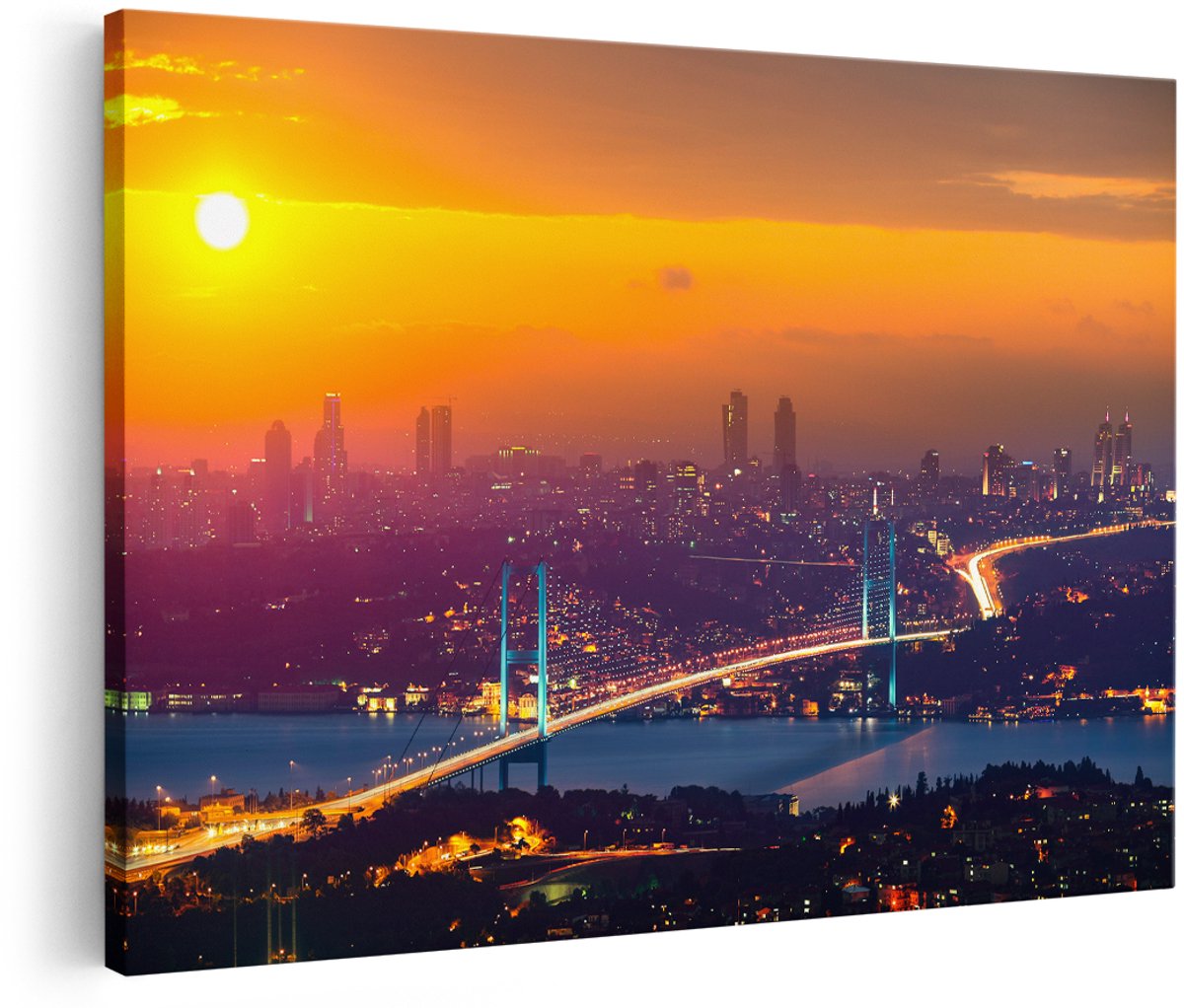 Artaza Canvas Schilderij Bosporusbrug In Istanbul Bij Zonsondergang - 150x100 cm - Groot - Wanddecoratie Woonkamer - Schilderijen - Muurdecoratie