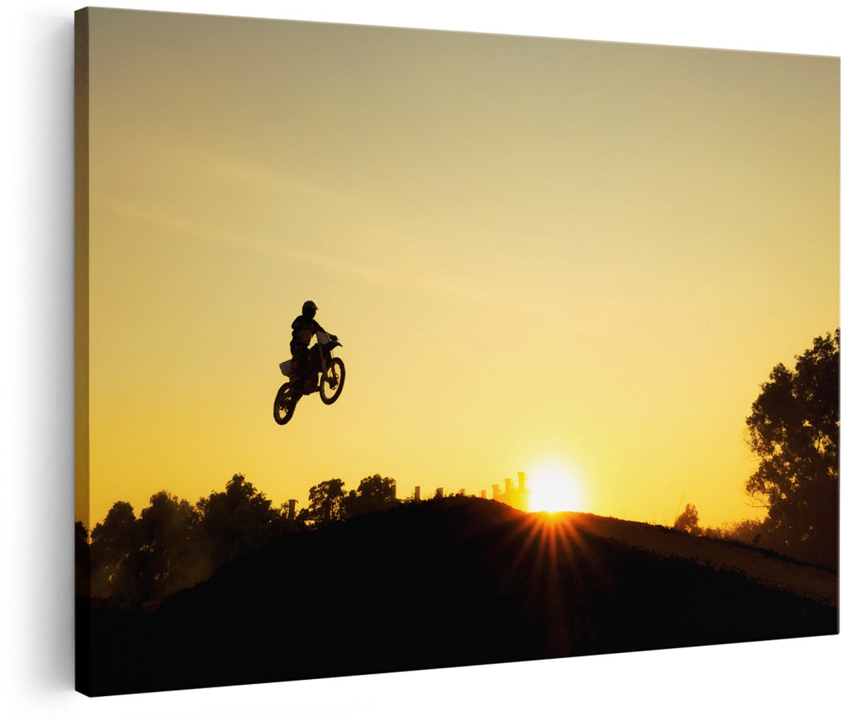 Artaza Canvas Schilderij Silhouet Van Een Motorcross Bij Zonsondergang - 150x100 cm - Groot - Foto Op Canvas - Wanddecoratie Woonkamer