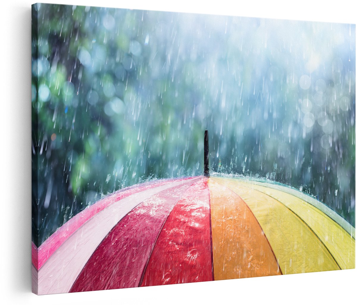Artaza Canvas Schilderij Regenboog Paraplu met Regen - 150x100 cm - Groot - Foto Op Canvas - Wanddecoratie Woonkamer