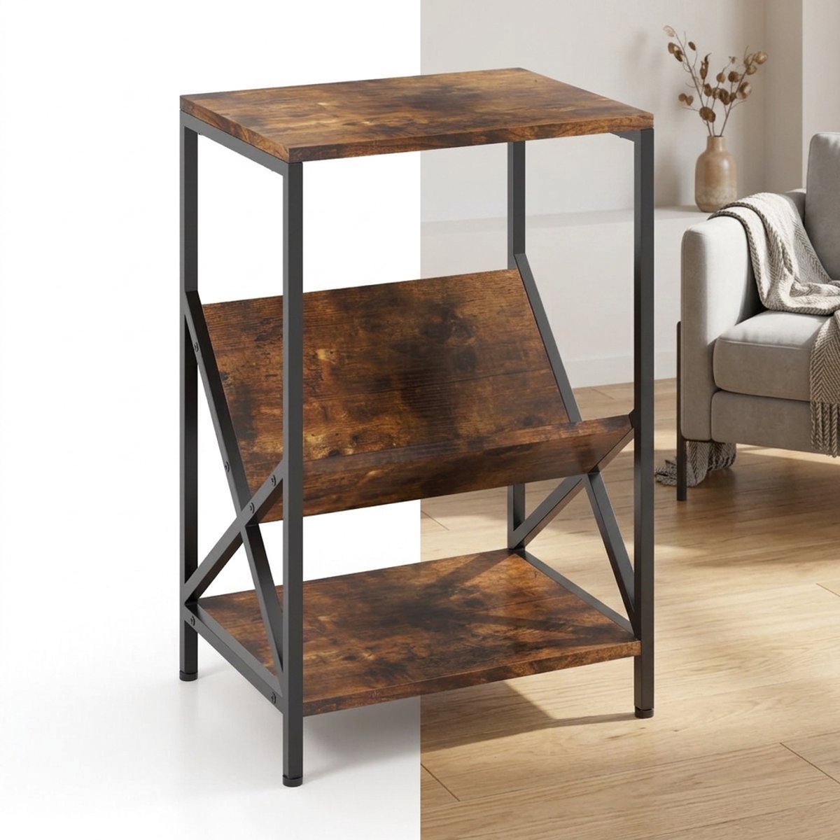 Platenspeler Meubel - LP-kast - Platenspelerkast - Draaitafelstandaard - Platenspelerstandaard - Vintage Displayplank - Rustiek Bruin