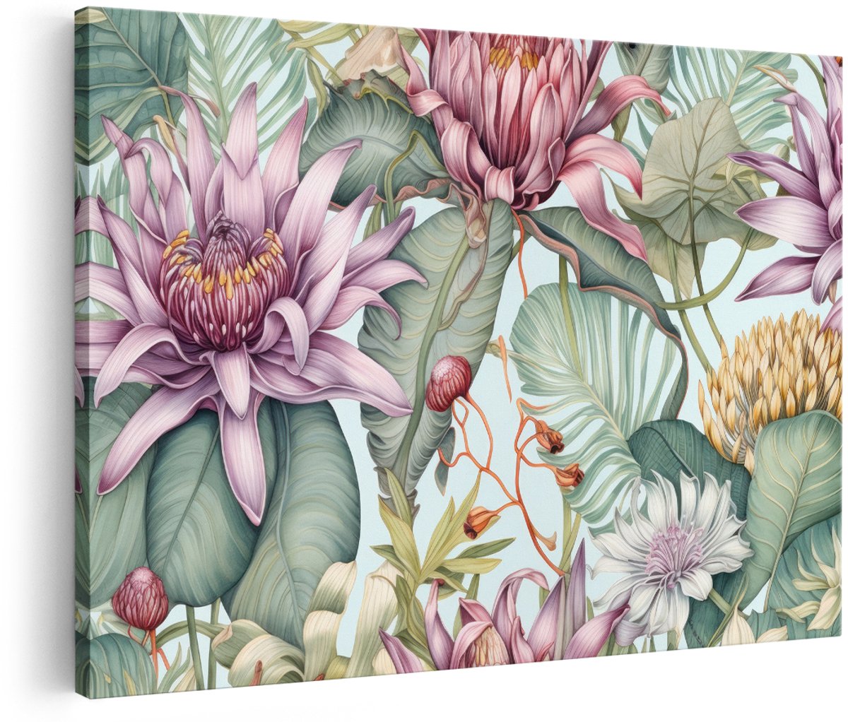 Artaza Canvas Schilderij Bloemen - 150x100 cm - Groot - Wanddecoratie Tropisch Bloemenpatroon - Muurdecoratie Botanisch - Boho Decoratie Pastel
