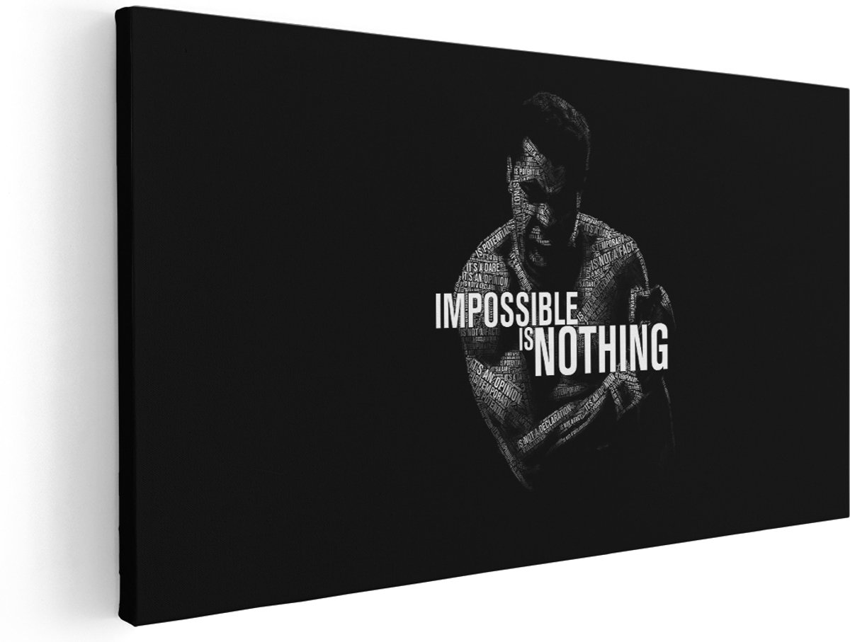 Artaza Canvas Schilderij Boksen - 140x70 cm - Groot - Wanddecoratie Muhammad Ali Quote - Muurdecoratie Zwart Wit - Decoratie Motivatie