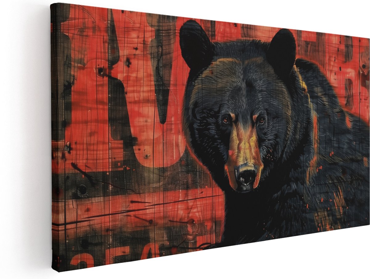Artaza Canvas Schilderij Zwarte Beer met een Rood Bord - Dieren - 140x70 cm - Groot - Klein - Wanddecoratie Woonkamer - Schilderijen - Muurdecoratie