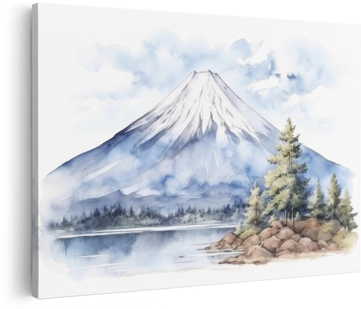Artaza Canvas Schilderij Berg Fuji - 150x100 cm - Groot - Wanddecoratie Japandi - Muurdecoratie Landschap - Schilderijen Natuur Aquarel