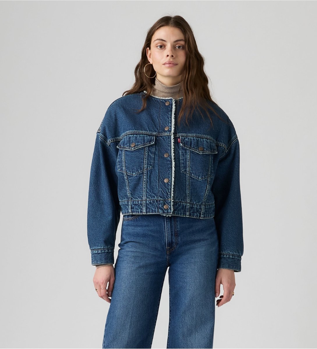 Levi’s Blauwe cropped sherpa jas zonder kraag