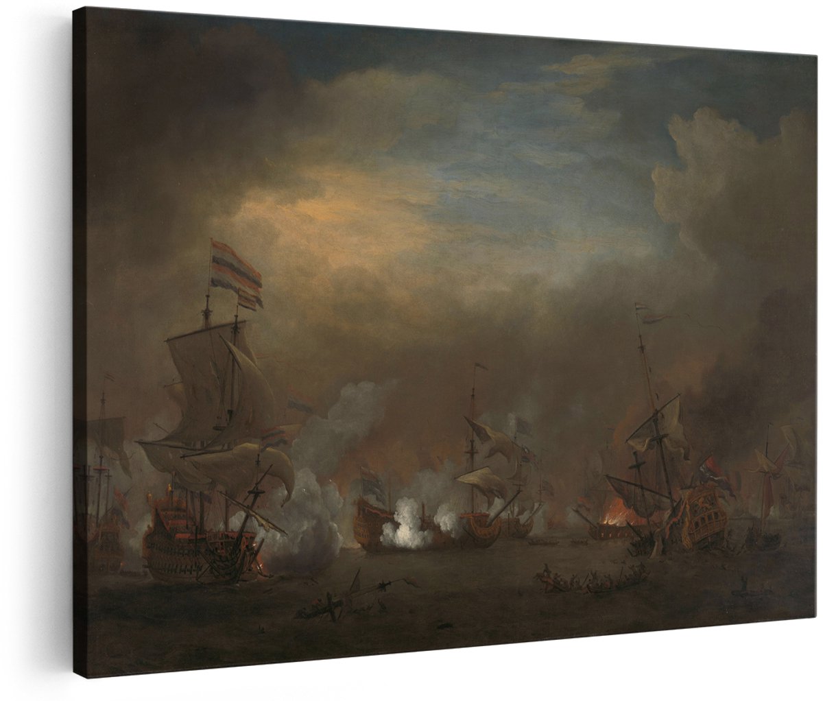Artaza Canvas Schilderij Gevecht tijdens de Zeeslag bij Kijkduin - Willem van de Velde - 150x100 cm - Groot - Kunst - Wanddecoratie