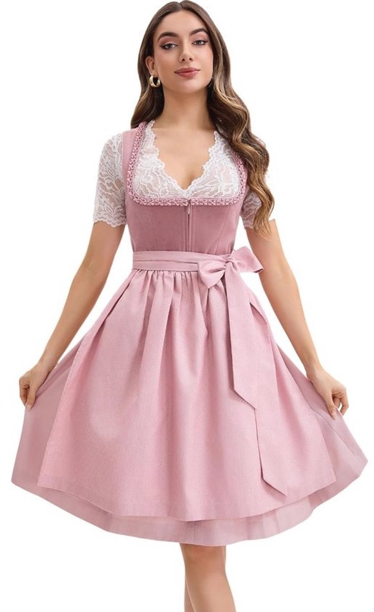 Midi Dirndl Dames van Fluweel met Schort voor Oktoberfest - Maten 34-44, Roze