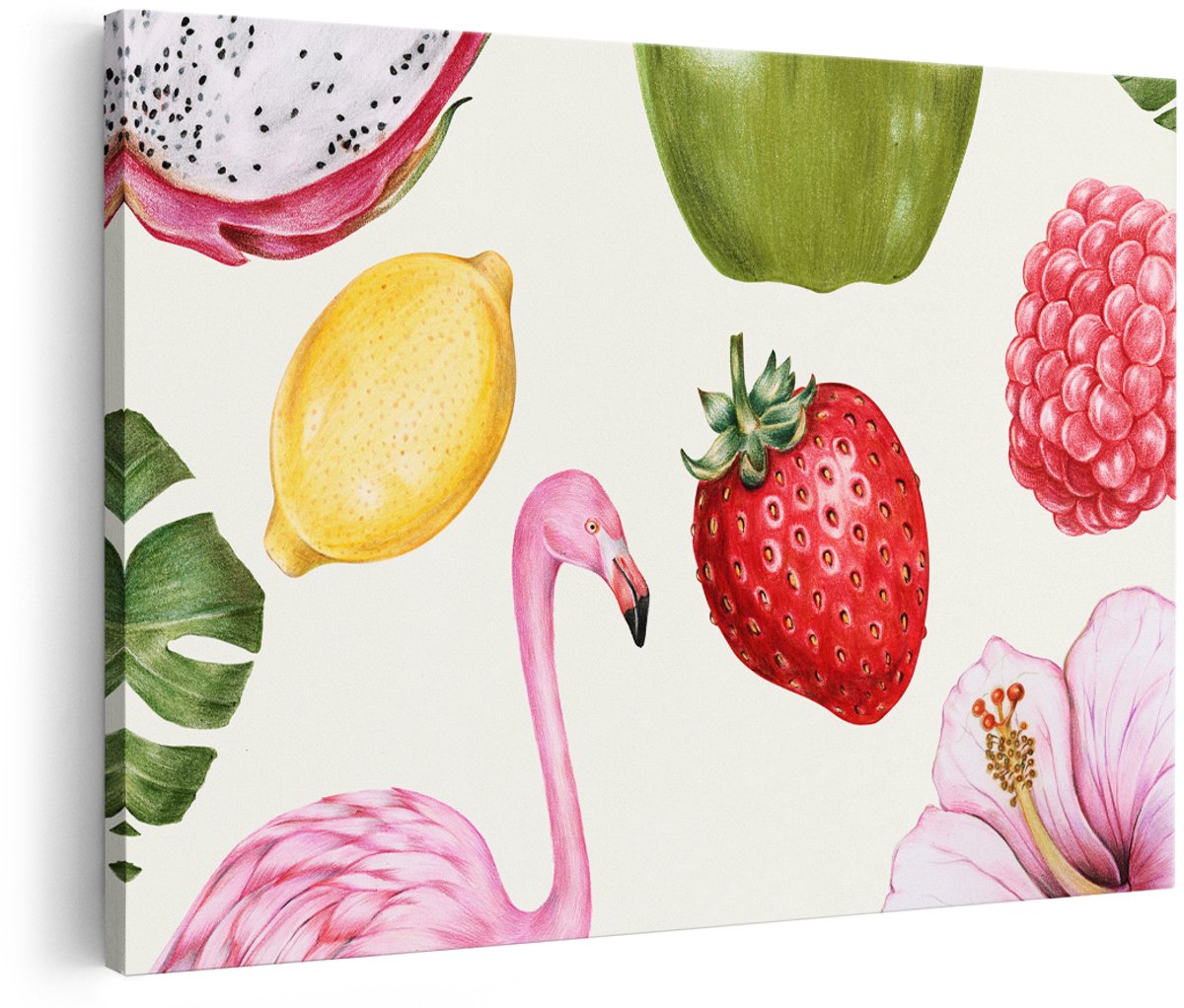 Artaza Canvas Schilderij Tropisch Fruit - 150x100 cm - Groot - Wanddecoratie Flamingo - Muurdecoratie Bloemen - Decoratie Aardbei Citroen