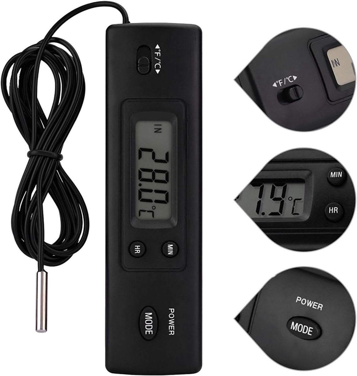 Elektronische Thermometer - Zwart - Compact - Digitale LCD Temperatuurmeter met Dubbele Meetsondes - Voor Binnen en Buiten