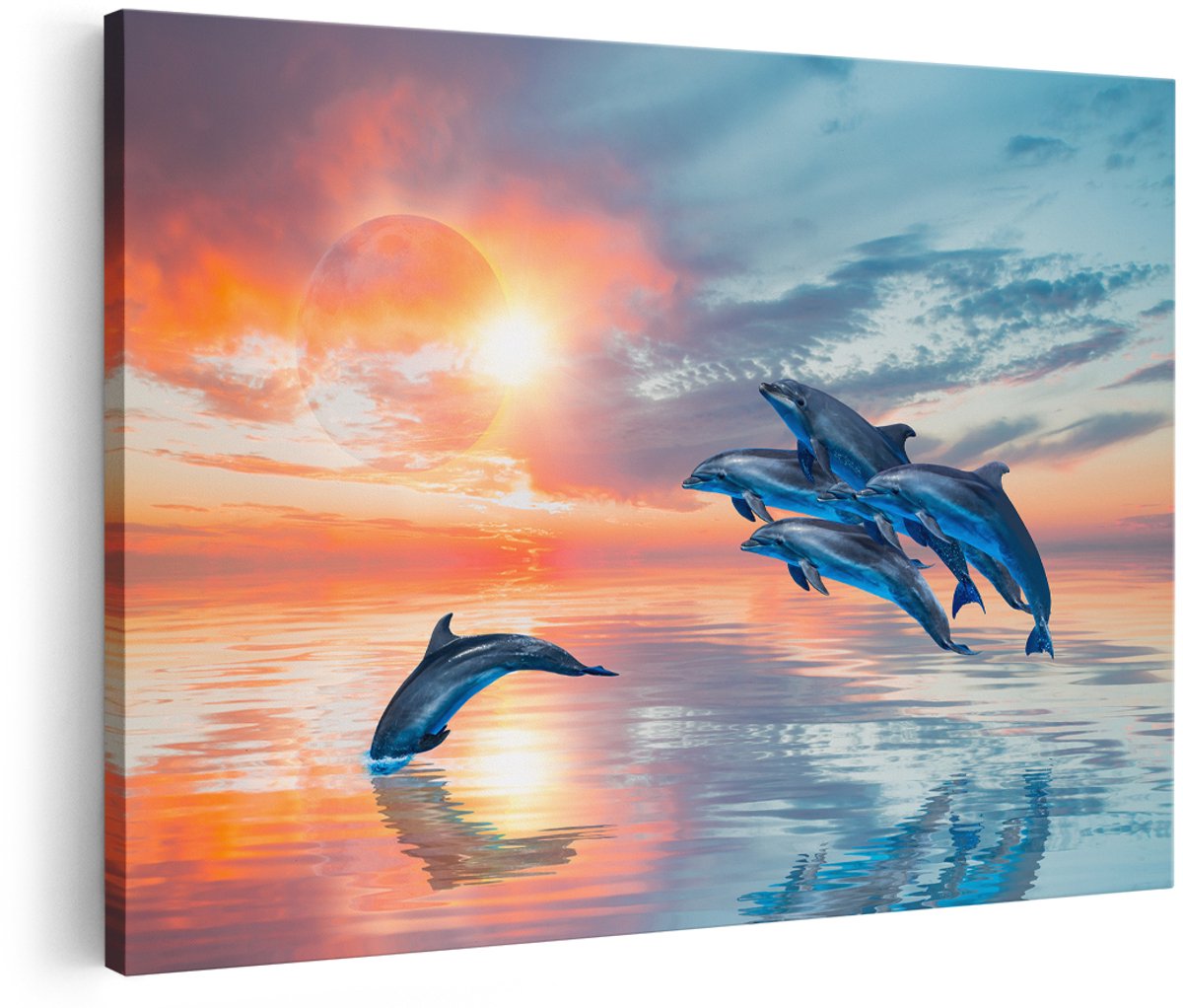 Artaza Canvas Schilderij Groep Dolfijnen Springen uit het Water - 150x100 cm - Groot - Wanddecoratie Woonkamer - Schilderijen - Muurdecoratie