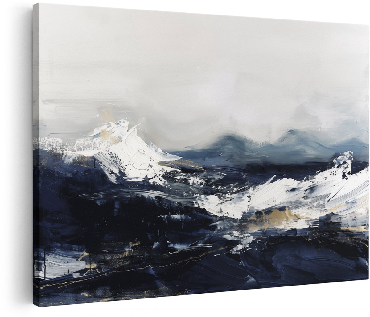 Artaza Canvas Schilderij Abstract Kunstwerk van Bergen in Blauw en Wit - 150x100 cm - Groot - Wanddecoratie Woonkamer - Schilderijen - Muurdecoratie