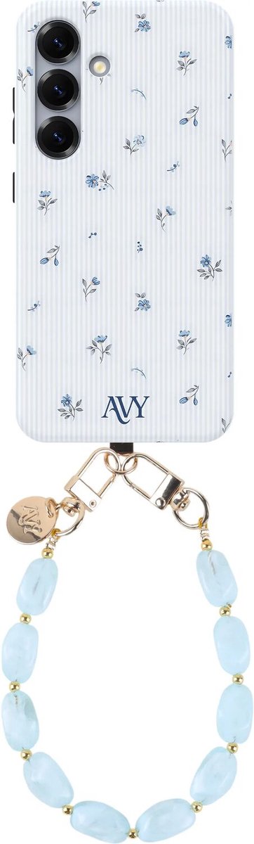 AVY Hoesje Met Telefoonkoord | Geschikt voor Samsung Galaxy S24 | Compatibel met MagSafe & Qi2 | Hard Shell Back Cover | Stijlvol Bijpassend Koord Polsbandje (32CM) | Sky Blossom