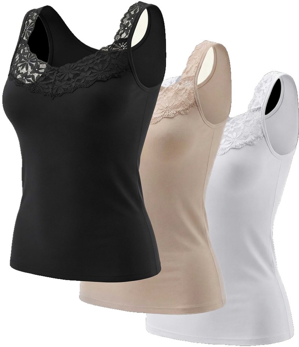 Currero Top Met Kant Dames - Topje - Kleding - Shirt - Blouse - Kort - Volwassen - Zwart + Wit + Lichtbruin