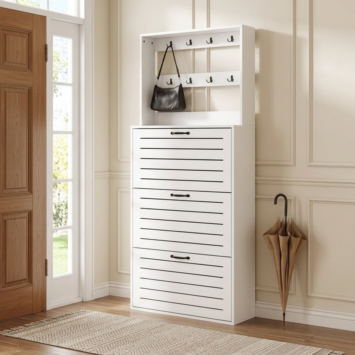 REDOM - Schoenenkast - 8 haken en 3 schoenenrekken - Staand rek - Opbergruimte voor hoeden, tassen en sleutels - Modern - Hal en slaapkamer - Spaanplaat - Wit en Zwart - 70 x 25 x 165 cm