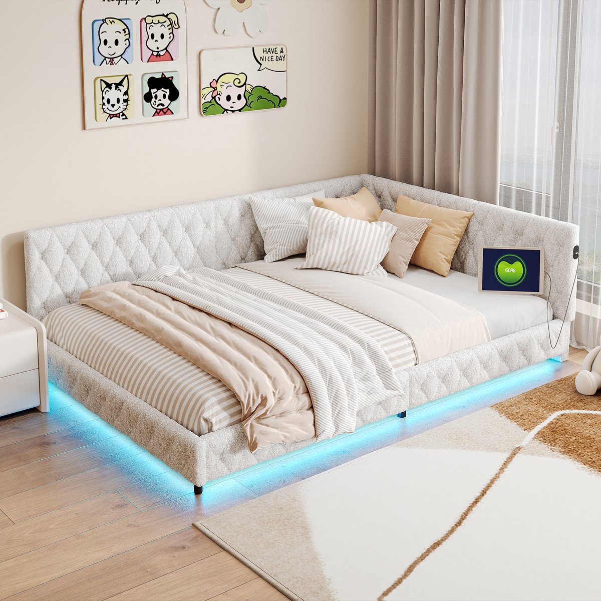 Tweepersoonsbed 140x200 cm, gestoffeerd bed met LED-verlichting en USB-aansluiting, slaapbank, lattenbodem, teddy stof, beige, zonder matras