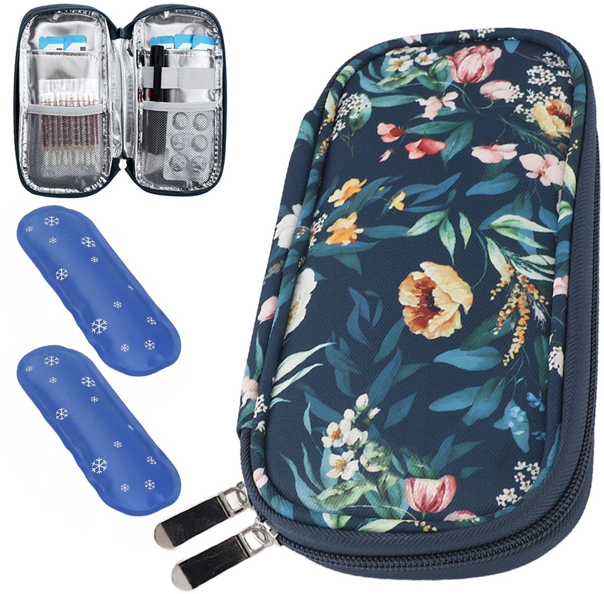 Reiskoelbox voor insuline - Koelbox - Draagbare diabeteskit - Geïsoleerde koeltas - Inclusief 2 nylon koelelementen - Medicijnkoeltas - Geschikt voor dagelijks gebruik en op reis - 20,5*9,5*3,5 cm - Blauwe achtergrond met cameliabloemmotie
