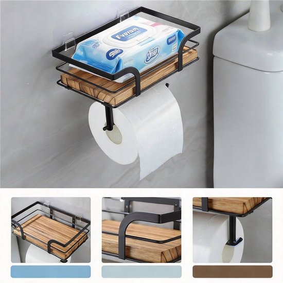 Zwarte wandrek met houten plank en toiletrolhouder. Met pak babydoekjes en wc-rol.