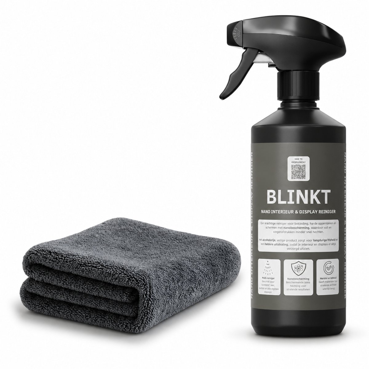 Interieur & Beeldschermreiniger met Nano Coating & 40x40cm Droogdoek Set - Dashboard & Touchscreen Reiniger - 500 ml - BLINKT