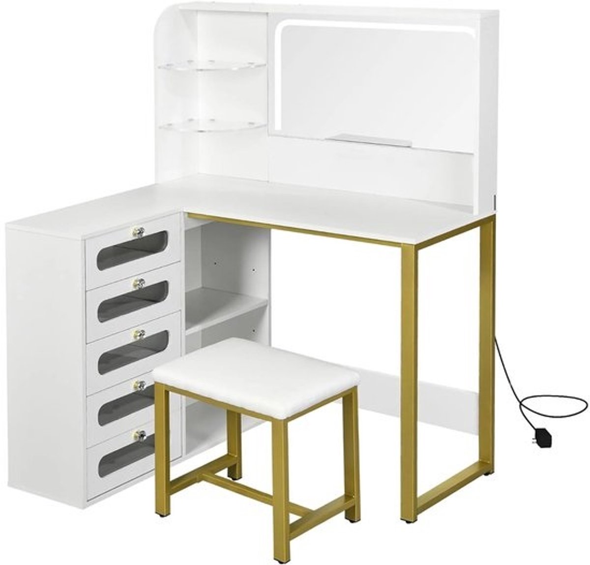 D&A Make up tafel - Kaptafel - Make up tafel met spiegel - Make up stoel - Kaptafel met spiegel - 120 x 80 x 135 cm - Wit