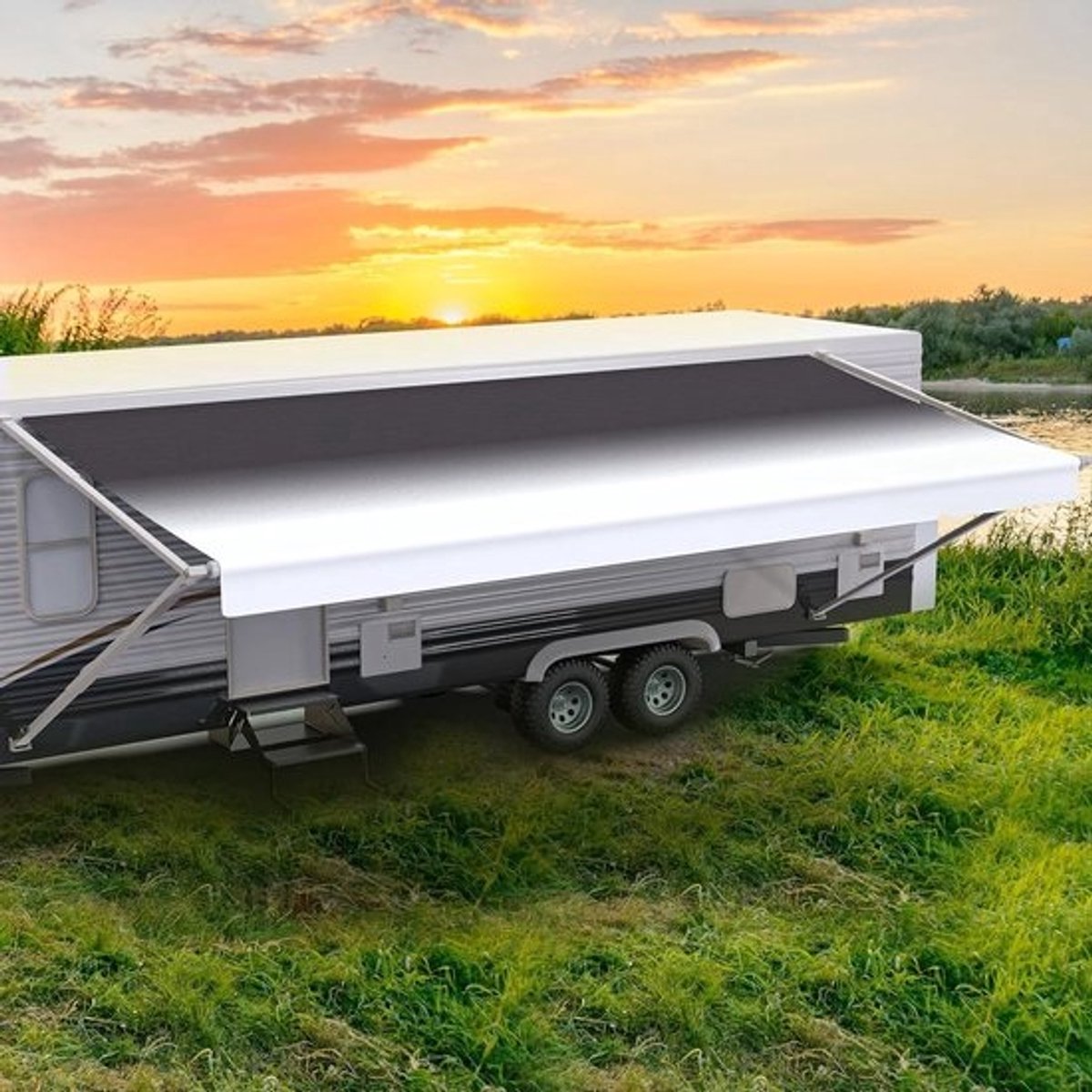 RV Luifel Stof - Luifel Vervanging Camper - Buiten Leven - Weerbestendig Vinyl - 16 voet - Charcoal Fade