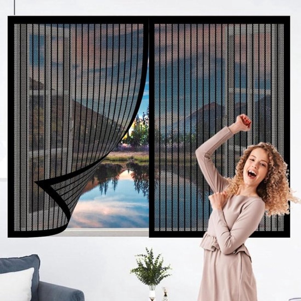 Magnetisch Hor - Vliegengaas Raam - Insecten Buiten Houden - Boorvrije Installatie - 100 x 60 cm - Zwart