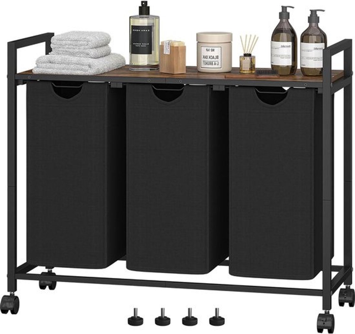 Wasmand met plank - Kledingmand Wasbox - Kleding sorteren - Uittrekbare zakken - 60 Liter - Rustiek bruin en zwart