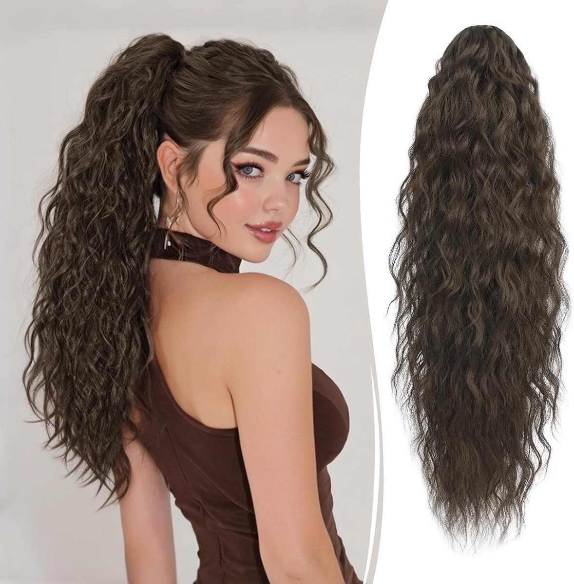Langgolvende Krullende Haarextensions van 65 cm met Klem - Synthetische Clip-in Ponytail voor Vrouwen, Zwart, Perfect voor Feestjes en Dagelijks Gebruik